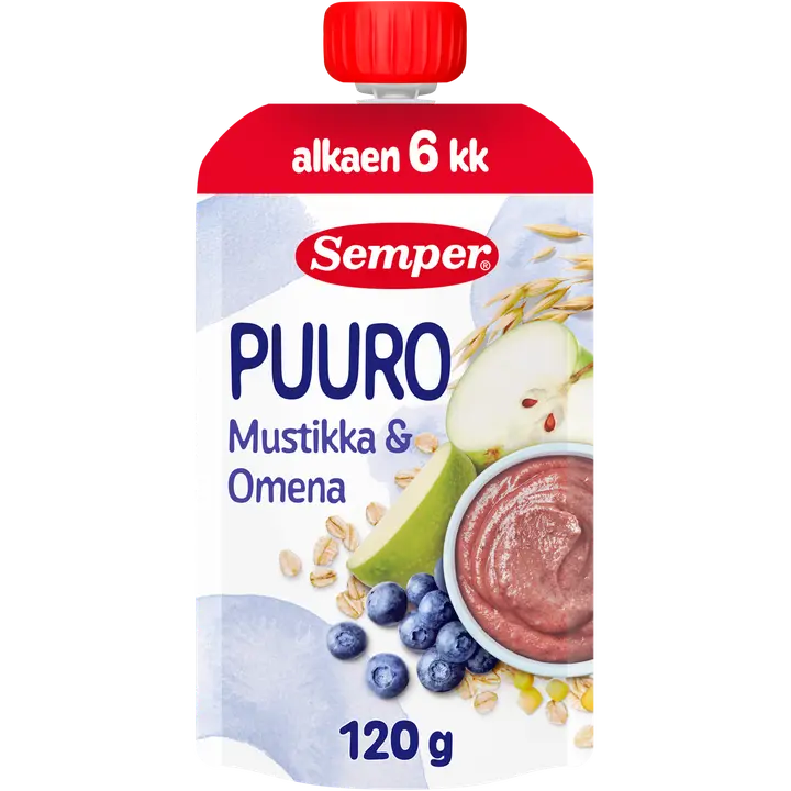 Semper Puuro Omena & mustikka 6kk käyttövalmis lastenpuuro 120g｜Semper 粥 苹果蓝莓6个月即食儿童粥 120g