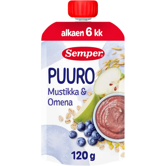 Semper Puuro Omena & mustikka 6kk käyttövalmis lastenpuuro 120g｜Semper 粥 苹果蓝莓6个月即食儿童粥 120g