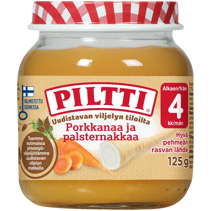 Piltti 125g Uudistavan viljelyn tiloilta Porkkanaa ja palsternakkaa kasvissose 4kk｜Piltti 125 克来自可再生农场 胡萝卜和防风草蔬菜泥 4 个月