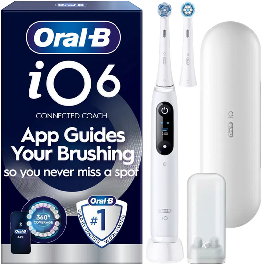Oral-B iO6白色电动牙刷+旅行盒+牙刷架+替换刷头｜Oral-B iO6 White sähköhammasharja + matkakotelo + hammasharjateline + lisävaihtoharja