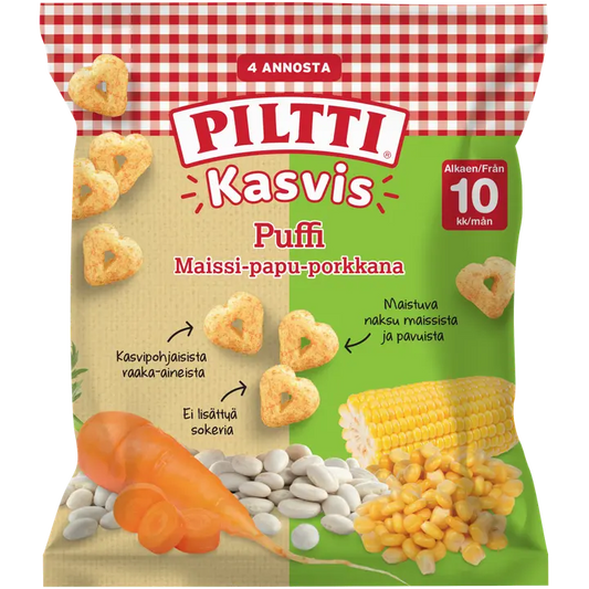 Piltti Kasvis Puffi 28g Maissi-papu-porkkananaksuja 10kk｜Piltti 蔬菜泡芙 28g 玉米豆胡萝卜零食 10 个月