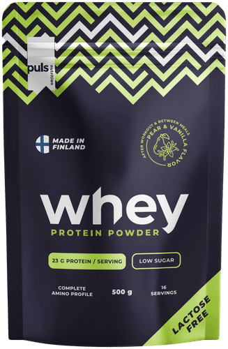 PULS Nutrition WHEY proteiinijauhe Päärynä-vanilja 500g laktoositon kotimainen