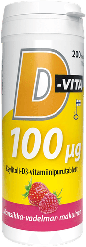 D-Vita 100微克草莓覆盆子味200片木糖醇D3维生素咀嚼片，Vitabalans