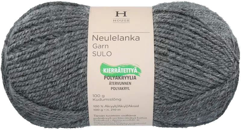 House 编织毛线 腈纶 Sulo 100克 深灰混色 193｜House neulelanka akryyli Sulo 100 g Dark Gray Melange 193
