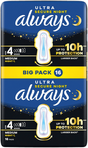 Always 16片Ultra Secure Night Medium S4带护翼卫生巾