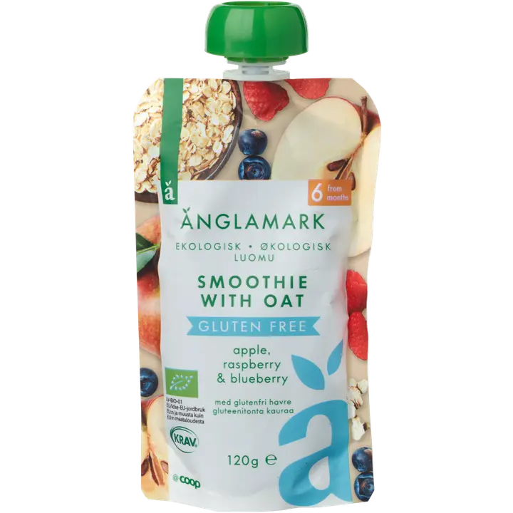 Änglamark kaurainen smoothie omena, vadelma & mustikka luomu gluteeniton 120 g 6 kk｜Änglamark 苹果、覆盆子和蓝莓燕麦冰沙有机无麸质 120 克 6 个月