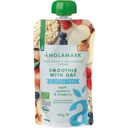Änglamark kaurainen smoothie omena, vadelma & mustikka luomu gluteeniton 120 g 6 kk｜Änglamark 苹果、覆盆子和蓝莓燕麦冰沙有机无麸质 120 克 6 个月