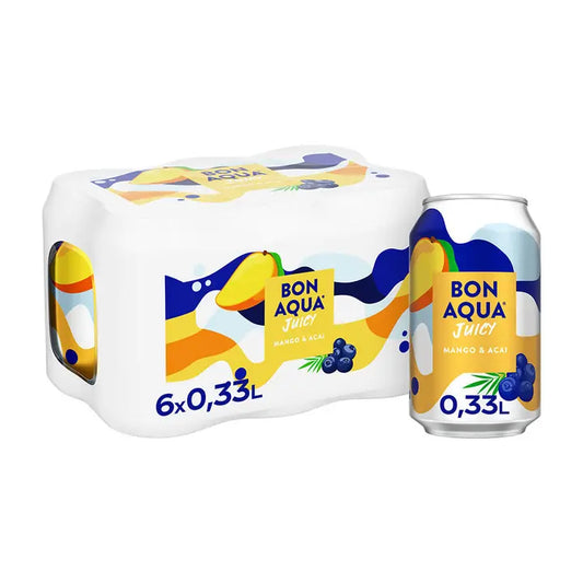 6-pack Bonaqua Juicy Mango Acai Hiilihapotettu juoma tölkki 0.33 L｜Bonaqua 6 件装 Bonaqua 多汁芒果巴西莓碳酸饮料罐 0.33 L