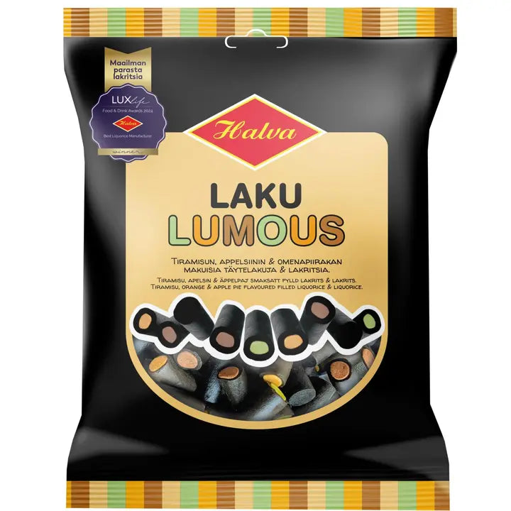 Halva Laku Lumous 180 g Lakritsia, tiramisun, appelsiinin & omenapiirakan makuisia täytelakuja