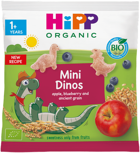 HiPP Luomu Mini Dinos Rapeita dinokuvioita viljasta ja hedelmästä 30g 1+ v