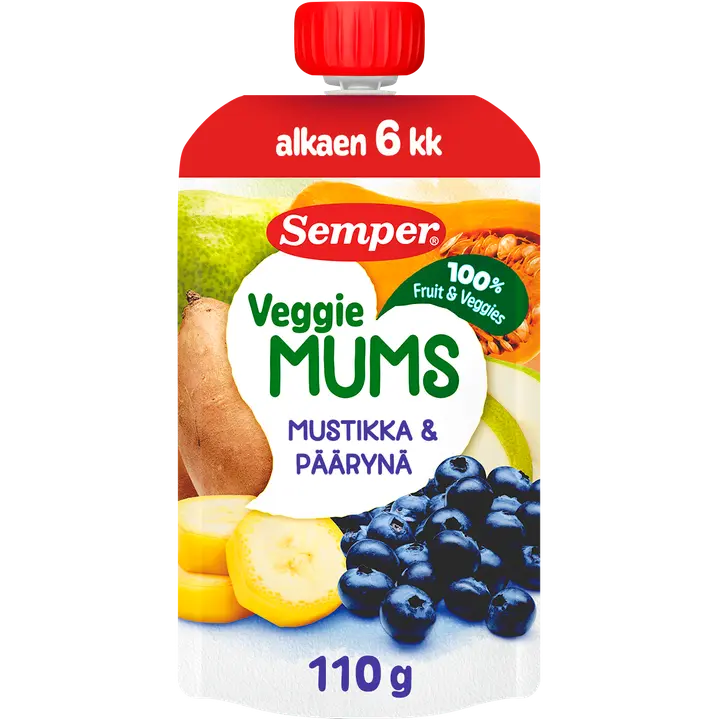 Semper Veggiemums Mustikka ja päärynä alkaen 6kk hedelmäsose 110g｜Semper Veggiemums 蓝莓梨果泥（6 个月以上） 110g