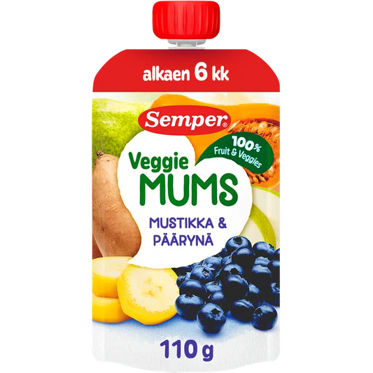 Semper Veggiemums Mustikka ja päärynä alkaen 6kk hedelmäsose 110g｜Semper Veggiemums 蓝莓梨果泥（6 个月以上） 110g