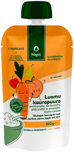 Nogel 有机燕麦粥 配胡萝卜、杏、梨和苹果 100 g｜Nogel luomu kaurapuuro porkkanalla, aprikoosilla, päärynällä ja omenalla, 100 g