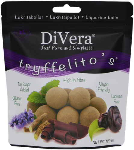 DiVera Just Pure and Simple!!! Tryffelito's raakapallot taatelilla, mantelilla, tummalla suklaalla, lakritsilla ja salmiakilla 120g