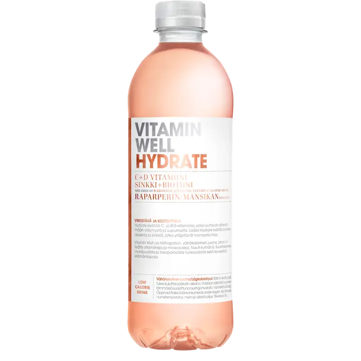 Vitamin Well Hydrate, raparperin ja mansikan makuinen vitaminoitu hiilihapoton juoma 500ml｜Vitamin Well 水合物、大黄和草莓味维生素非碳酸饮料 500ml