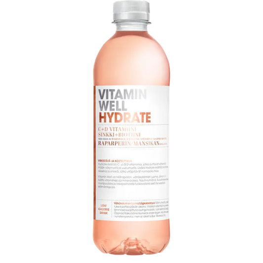 Vitamin Well Hydrate, raparperin ja mansikan makuinen vitaminoitu hiilihapoton juoma 500ml｜Vitamin Well 水合物、大黄和草莓味维生素非碳酸饮料 500ml