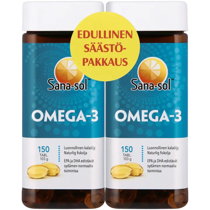 Sana-sol Omega-3 luonnollinen kalaöljy Omega-3-rasvahappokapseli ravintolisä 2x150kaps-Sana-sol Omega-3 天然鱼油 Omega-3 脂肪酸胶囊膳食补充剂 2x150 粒
