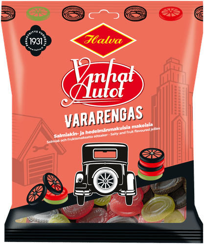 Halva 老车备胎咸甘草和水果味糖果 120 g｜Halva Vanhat Autot Vararengas salmiakin- ja hedelmänmakuisia makeisia 120 g