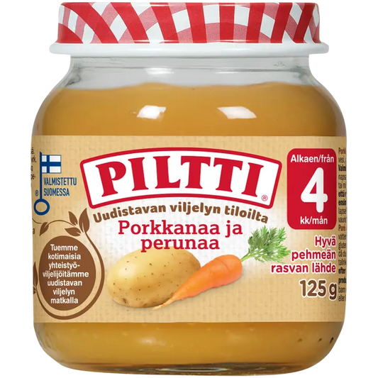 Piltti 125g Uudistavan viljelyn tiloilta porkkanaa ja perunaa kasvissose 4kk｜Piltti 125 克来自可再生农场的胡萝卜和土豆蔬菜泥 4 个月