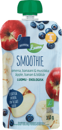 Rainbow 有机苹果香蕉蓝莓果泥 110克 6个月以上｜Rainbow smoothie omena, banaani & mustikka luomu 110 g 6 kk