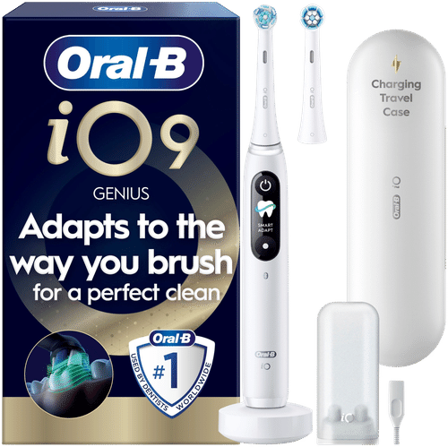 Oral-B iO9白色雪花石膏电动牙刷+充电旅行盒+牙刷架+替换刷头