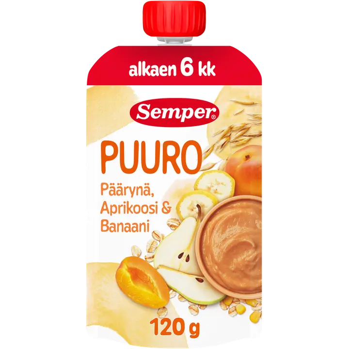 Semper Puuro Päärynä, aprikoosi & banaani 6kk käyttövalmis lastenpuuro 120g｜Semper 粥 梨杏香蕉6个月即食儿童粥 120g