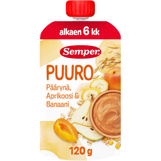 Semper Puuro Päärynä, aprikoosi & banaani 6kk käyttövalmis lastenpuuro 120g｜Semper 粥 梨杏香蕉6个月即食儿童粥 120g