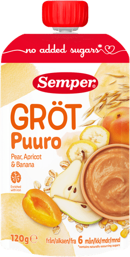 Semper 梨、杏与香蕉即食婴儿粥（6个月起） 120g｜Semper Puuro Päärynä, aprikoosi & banaani 6kk käyttövalmis lastenpuuro 120g