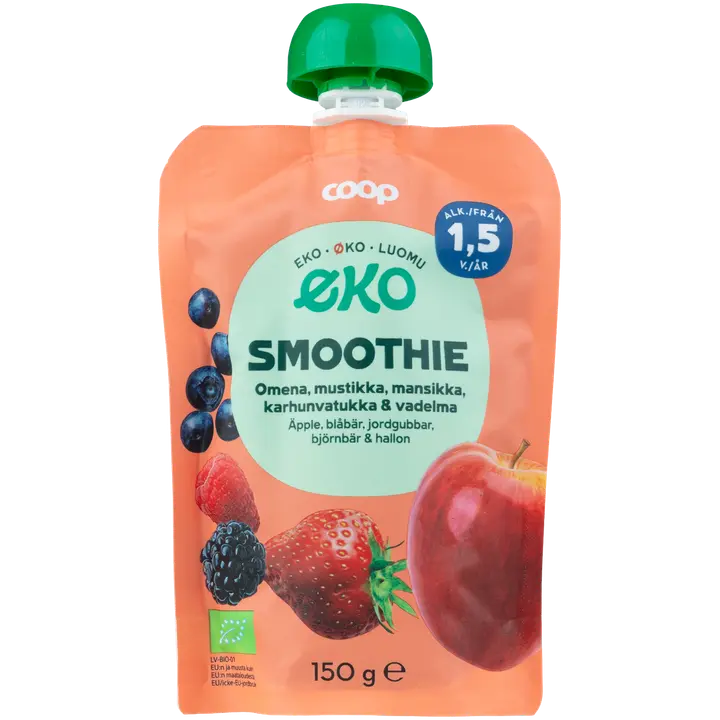 Coop Eko smoothie omena & marja luomu 150 g 1,5 v｜Coop 生态冰沙苹果和浆果有机 150 克 1.5 年