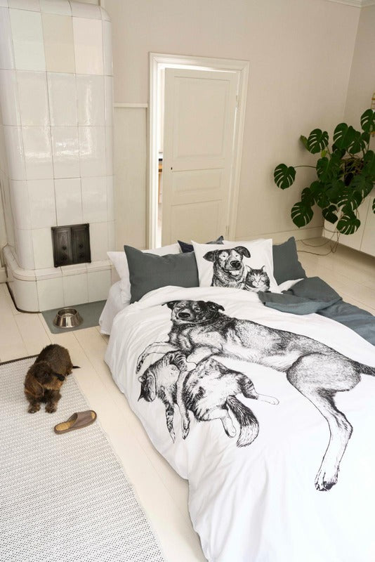 Finlayson 被套套装 狗与猫 150x210+50x60厘米 黑/白｜Finlayson pussilakanasetti Koira&Kissa 150x210+50x60 cm musta/valkoinen