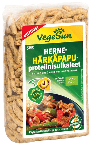 VegeSun 有机豌豆蚕豆蛋白条 50g｜VegeSun Luomu herne-härkäpapuproteiinisuikaleet 50g