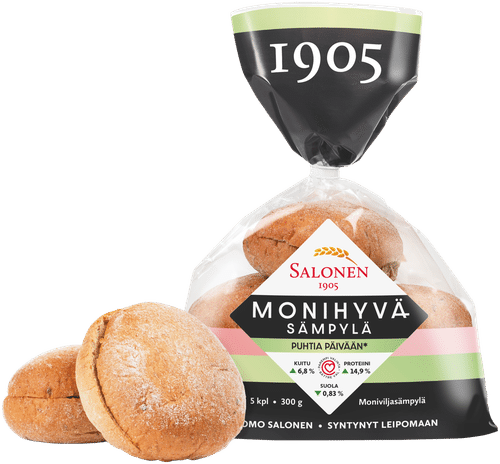 Leipomo Salonen Monihyväsämpylä 5/300 g moniviljasämpylä, halkaistu｜Leipomo Salonen 杂粮小圆面包 5/300克 杂粮面包，切半