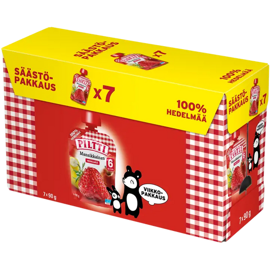 Piltti 7x90g Mansikkainen 100 % hedelmää omenaa, banaania, mansikkaa 6kk annospussi｜Piltti 7x90g 草莓 100% 水果 苹果、香蕉、草莓 6 个月食用袋