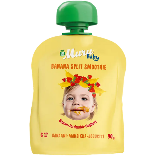 Muru Baby  Banana Split Smoothie 6 kk  Luomu Banaani-Mansikka-Jogurtti 90 g｜Muru Baby 香蕉片冰沙 6 个月有机香蕉草莓酸奶 90 g