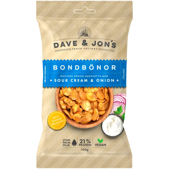 Dave&Jons paahdettuja härkäpapuja sourcream &onion kanssa 100 g-Dave&Jons 烤蚕豆配酸奶油和洋葱 100 g