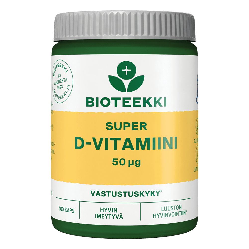 Bioteekki Super D-vitamiini 50 µg 100 kaps.｜Bioteekki 超级维生素 D 50 微克 100 粒。