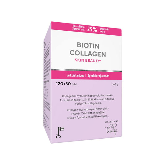 生物素胶原蛋白美容片 +25% 促销装 120+30片｜Biotin Collagen Skin Beauty - Kollageenitabletti +25 % KAMPANJAPAKKAUS 120+30 tabl.