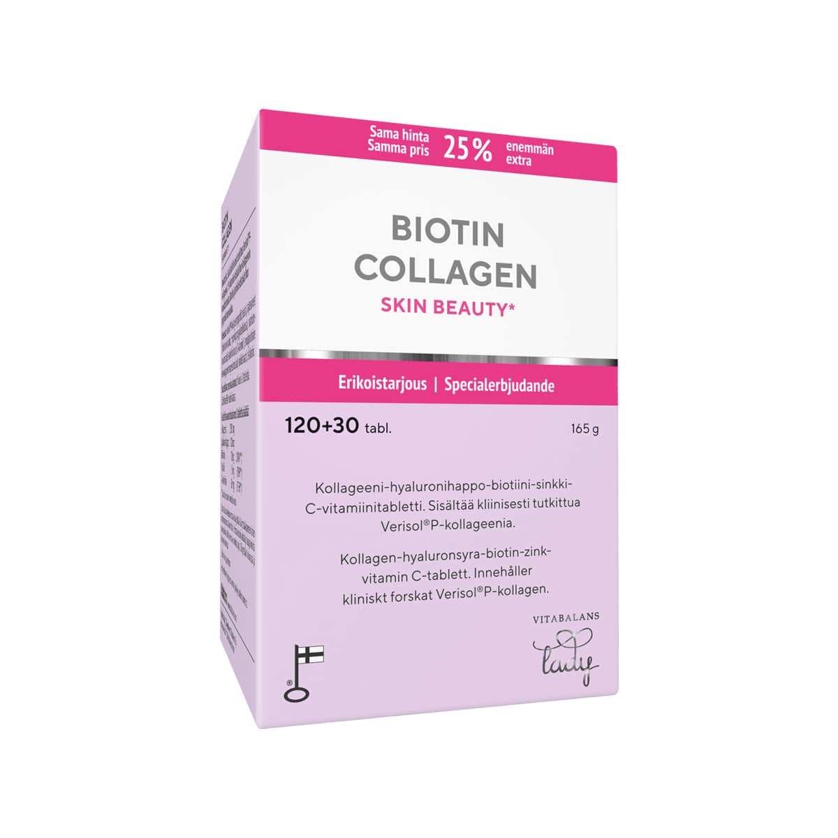 Biotin Collagen Skin Beauty - Kollageenitabletti +25 % KAMPANJAPAKKAUS 120+30 tabl.｜Vitabalans 生物素胶原蛋白美肤 - 胶原蛋白片 +25% 促销套餐 120+30 片。