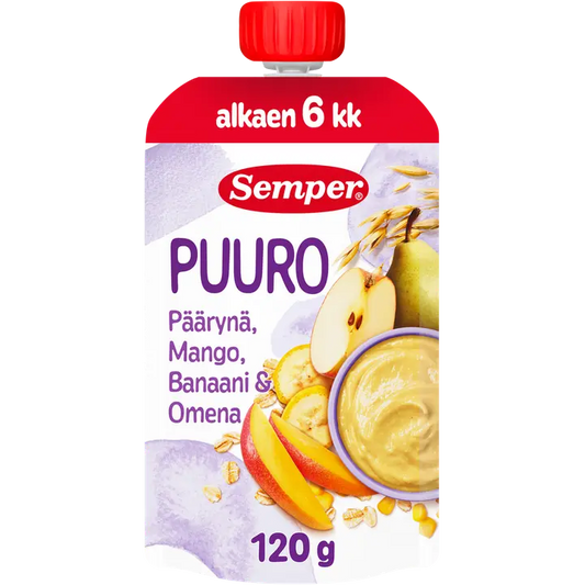 Semper Puuro Päärynä, mango banaani & omena 6kk käyttövalmis lastenpuuro 120g｜Semper 粥 梨芒果香蕉苹果6个月即食儿童粥 120g