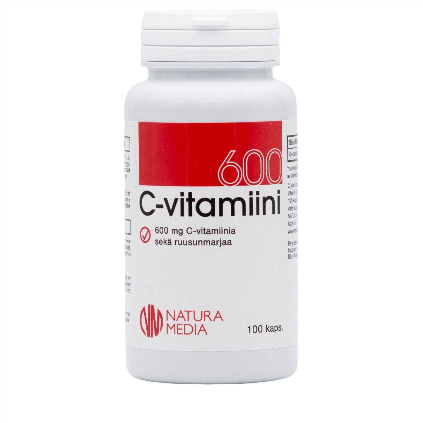 Natura Media Ruusunmarja C-vitamiini 600 mg 100 kaps.｜Natura Media 玫瑰果维生素 C 600 毫克 100 粒胶囊。