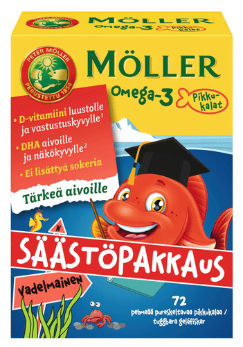 Möller Omega-3 小鱼 实惠装 覆盆子味 软嚼 72kpl｜Möller Omega-3 Pikkukalat säästöpakkaus vadelmainen pehmeä pureskeltava 72kpl