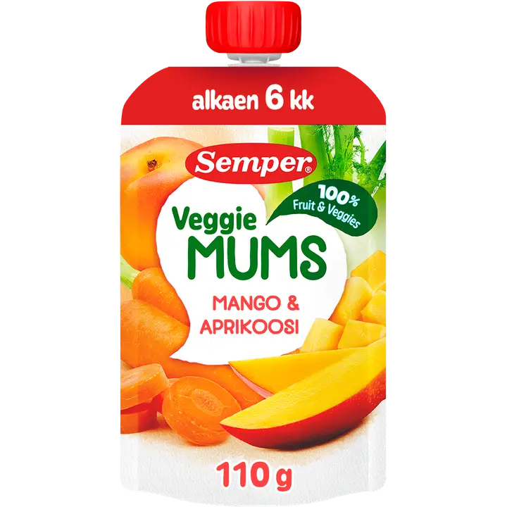 Semper Veggiemums Mango & aprikoosi alkaen 6kk hedelmäsose 110g｜Semper Veggiemums 芒果杏果泥（6 个月以上） 110g