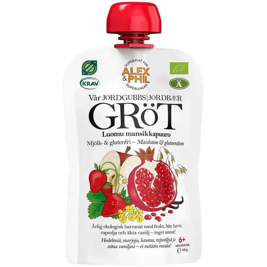 ALEX & PHIL luomu mansikkapuuro 100g alkaen 6kk, maidoton ja gluteeniton, vegaaninen｜ALEX & PHIL LUOMU 草莓粥 100 克 6 个月起，不含乳制品和麸质，纯素食