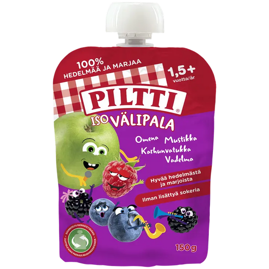 PILTTI Iso Välipala 150g  Omena-Mustikka, Vadelma, Karhunvatukka 1,5+v annospussi｜Piltti Big Snack 150 克苹果-蓝莓、覆盆子、黑莓 1.5+y 份袋