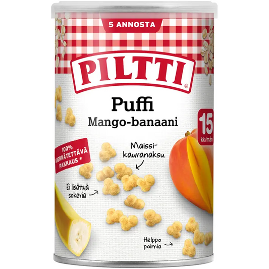 PILTTI Puffi 35g Mangon ja banaanin makuisia maissi- ja kauranaksuja 15kk｜Piltti Puffi 35g 芒果香蕉味玉米燕麦零食 15 个月