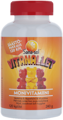 Sana-sol 维他熊 多种维生素 覆盆子、橙子、蓝莓味 120粒/240克｜Sana-sol Vitanallet monivitamiini vadelman-, appelsiinin- ja mustikanmakuinen 120kpl/240g