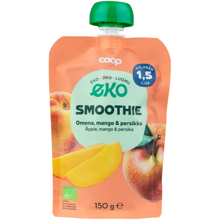 Coop Eko smoothie omena, mango & persikka luomu 150 g 1,5 v｜Coop 生态冰沙苹果、芒果和桃子有机 150 克 1.5 年