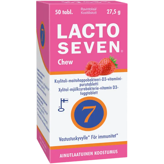 Lacto Seven Chew ksylitoli-maitohappobakteeri-D3-vitamiini-purutabletti 50 tabl.-Lacto Seven 咀嚼木糖醇-乳酸菌-维生素D3咀嚼片50片。