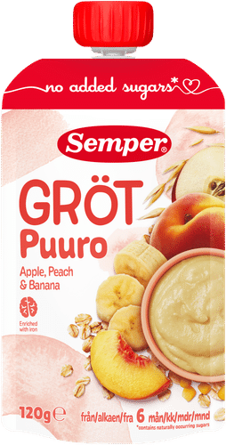 Semper 苹果、桃子与香蕉即食婴儿粥（6个月起） 120g｜Semper Puuro Omena, persikka & banaani 6kk käyttövalmis lastenpuuro 120g