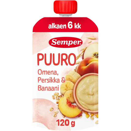 Semper Puuro Omena, persikka & banaani 6kk käyttövalmis lastenpuuro 120g｜Semper 粥 苹果、桃子和香蕉 6 个月即用儿童粥 120g
